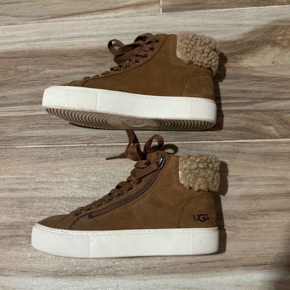 UGG Olive High Top Sneakers Chestnut Brown Leather Suede Zip Womens 7.5 1110708
